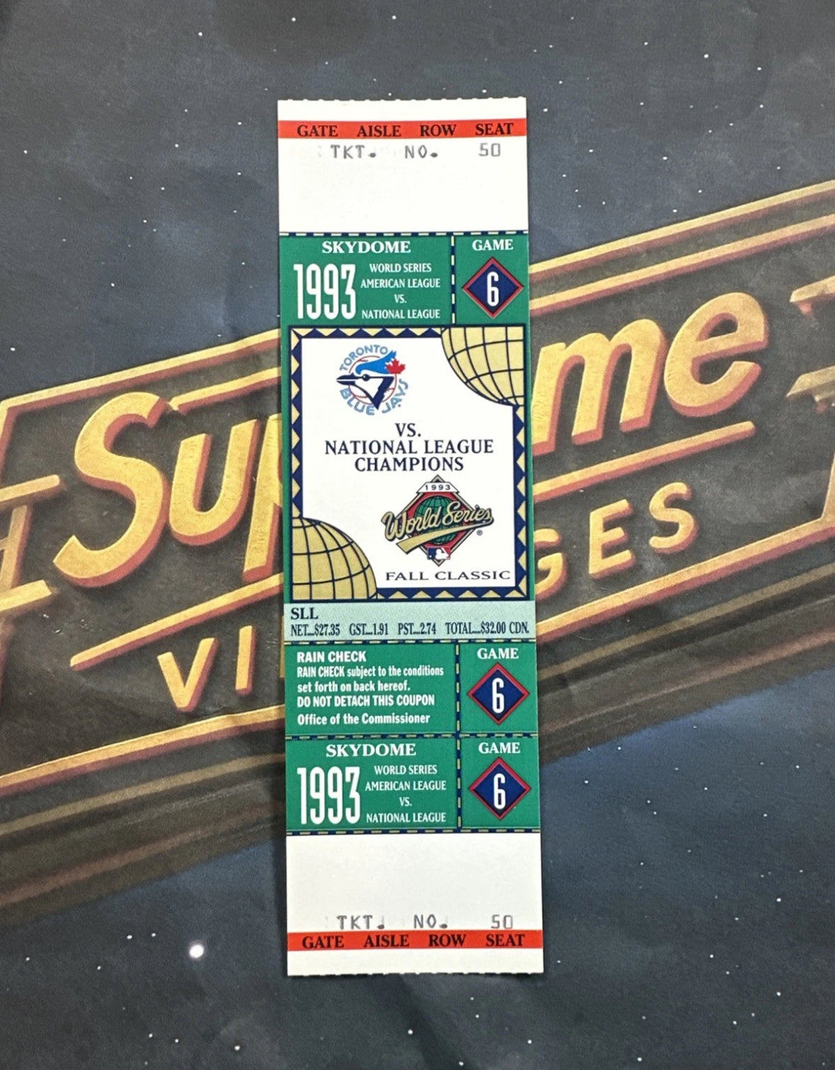 1993 World Series Full Ticket Toronto Blue Jays Game 6 Joe Carter Walk Off HR MT