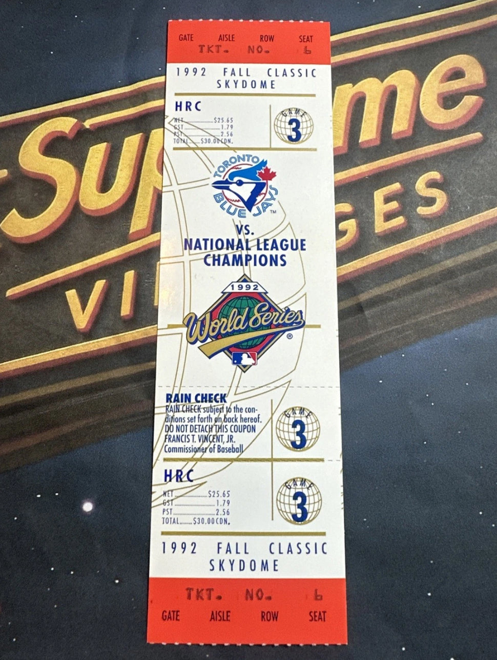 1992 World Series Full Ticket Toronto Blue Jays Game 3 MINT Grading Ready Gem💎