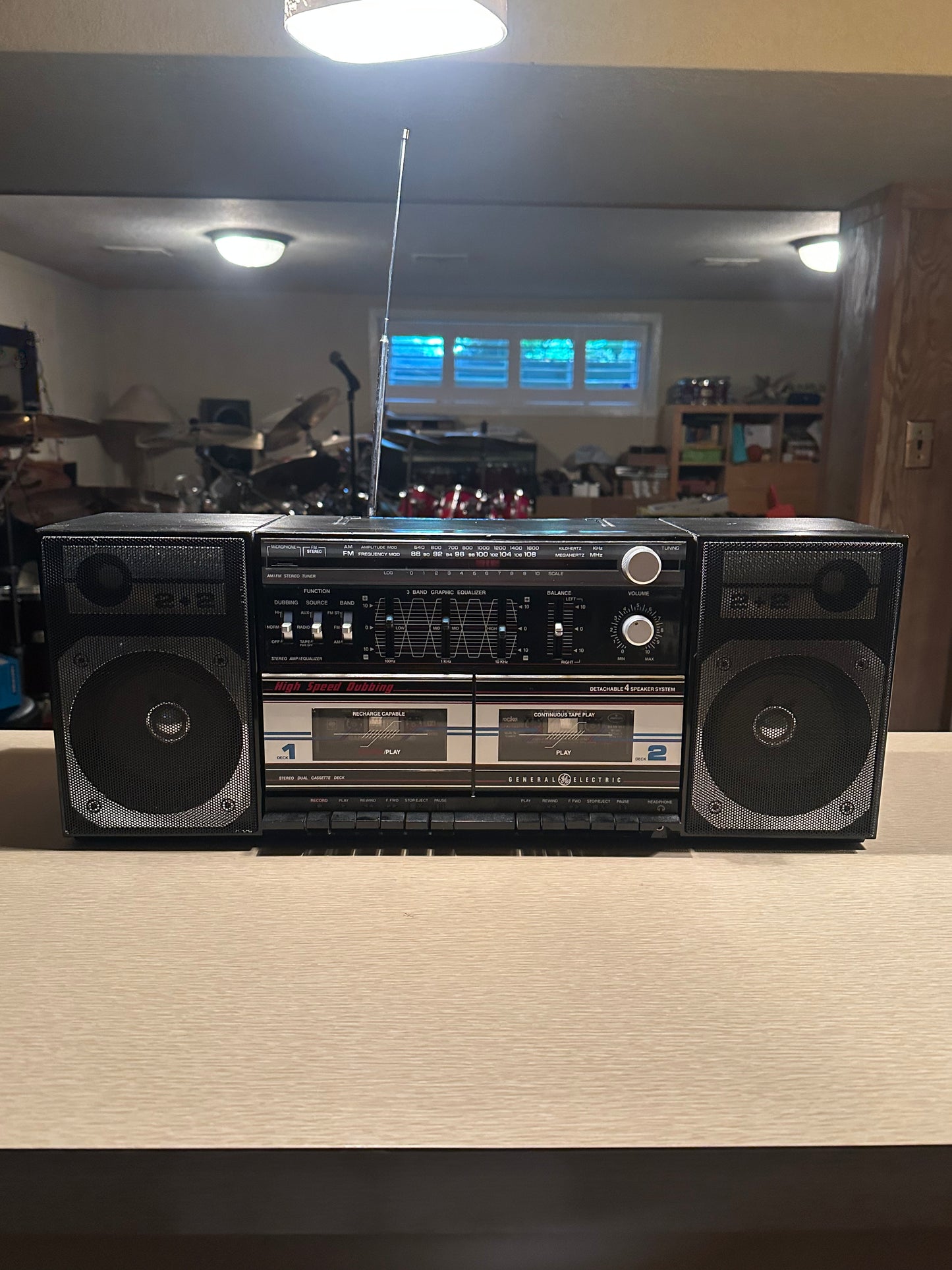VTG RARE 1980s GE 3-5671A Dual Cassette Stereo Boombox AUX Detachable Speakers