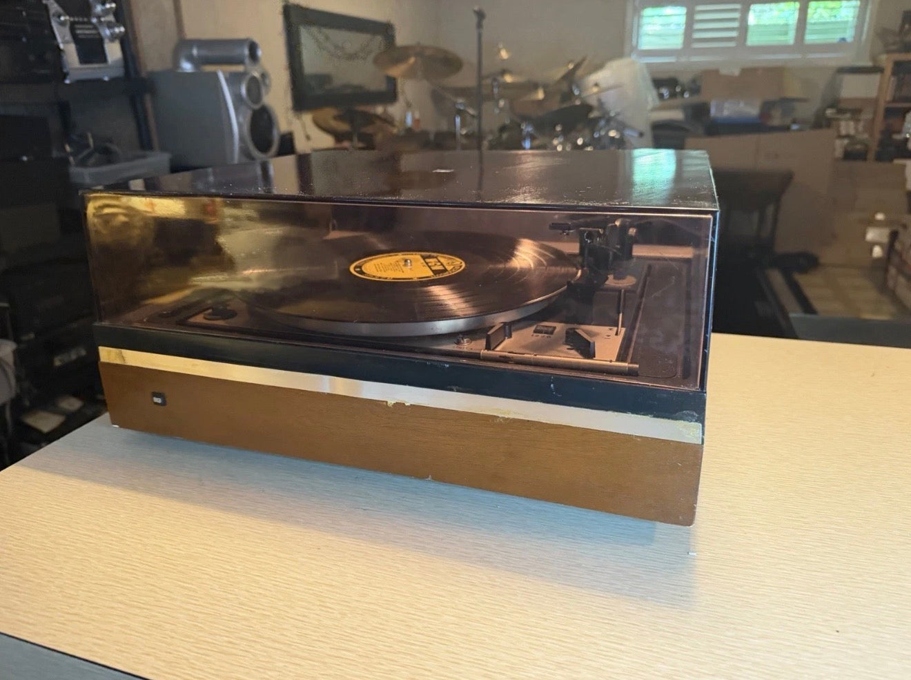 Dual 1226 Vintage Turntable, No Cartridge Platter Spins Tone Arm Moves Cracked