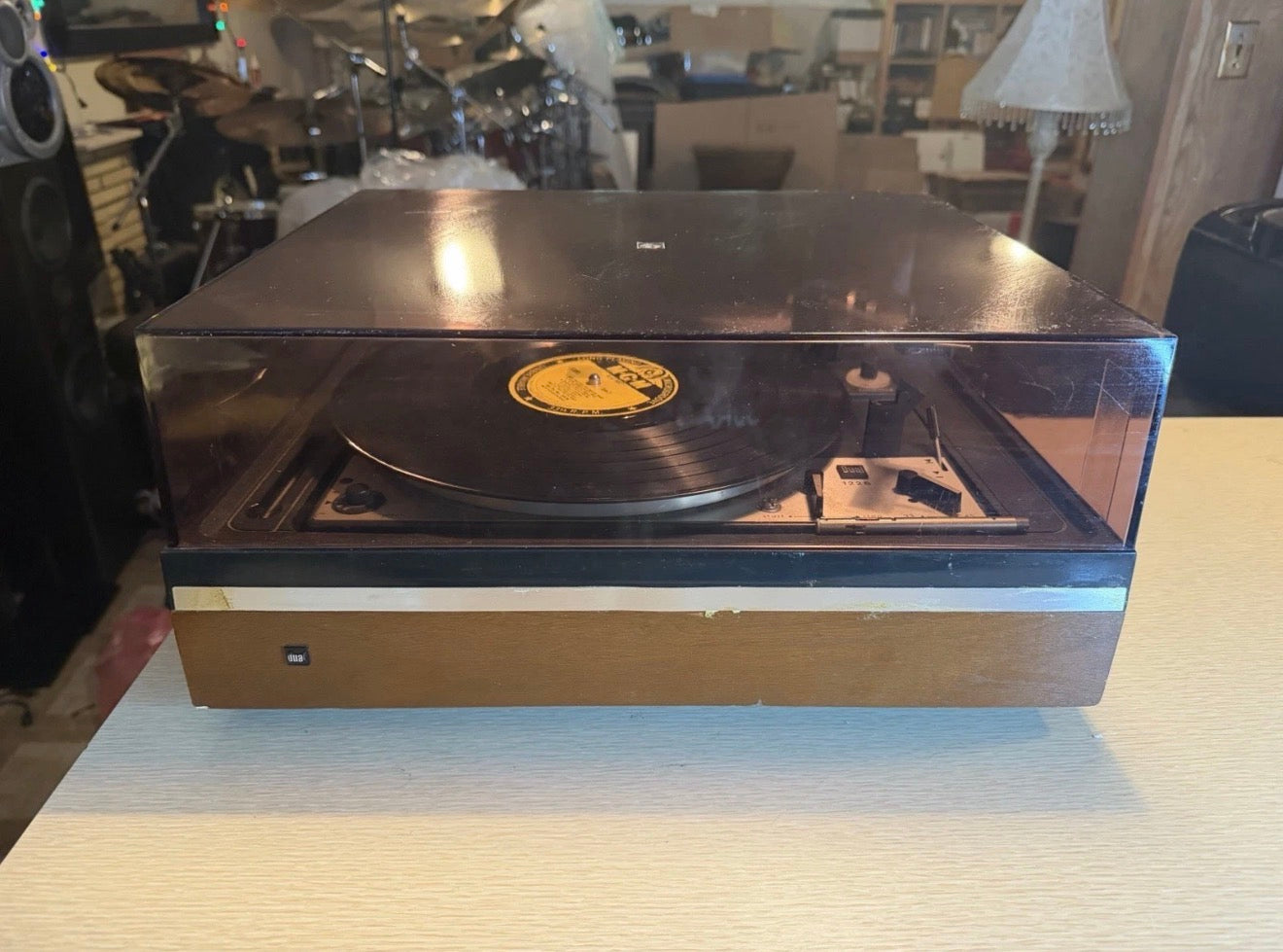 Dual 1226 Vintage Turntable, No Cartridge Platter Spins Tone Arm Moves Cracked