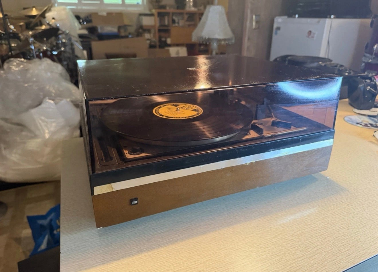 Dual 1226 Vintage Turntable, No Cartridge Platter Spins Tone Arm Moves Cracked