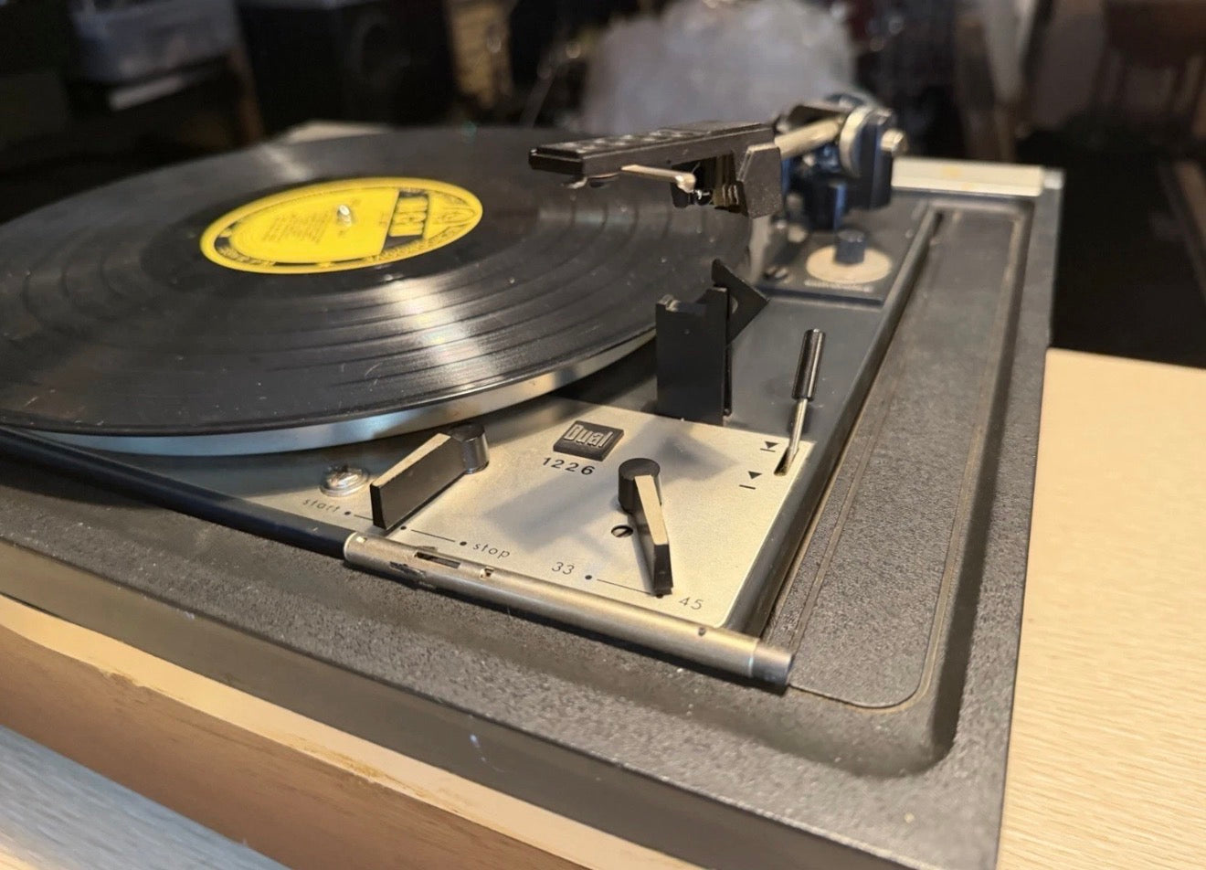Dual 1226 Vintage Turntable, No Cartridge Platter Spins Tone Arm Moves Cracked