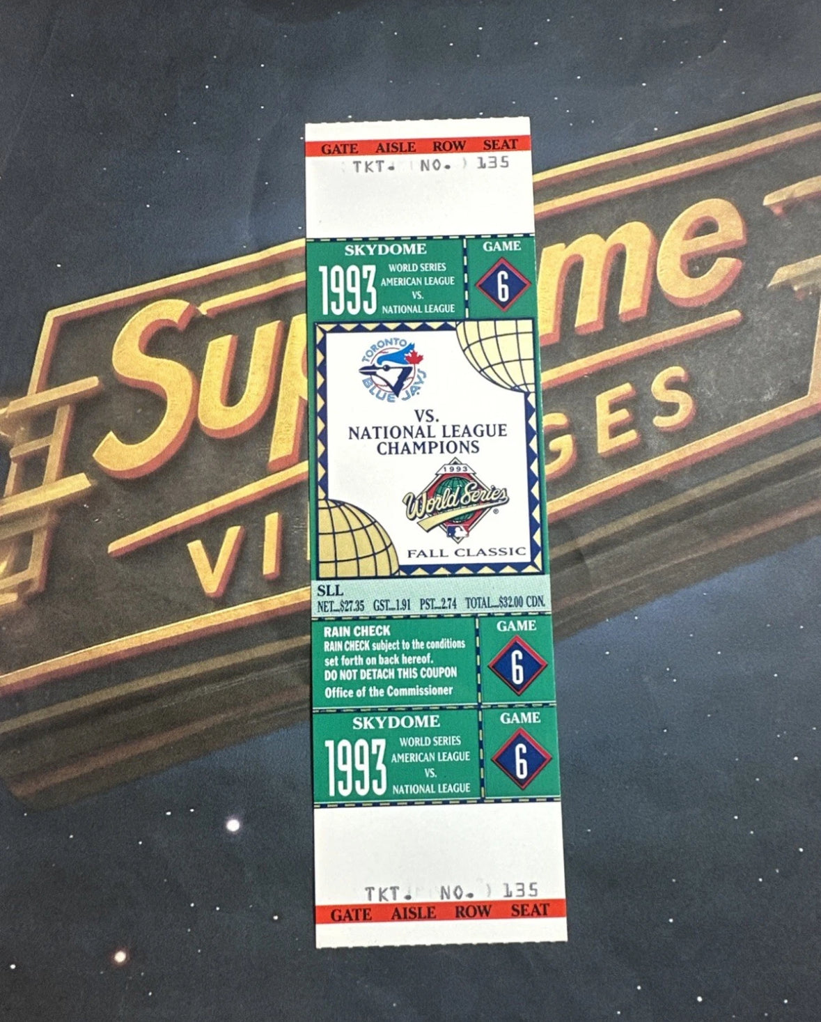 1993 World Series Full Ticket Toronto Blue Jays Game 6 Joe Carter Walk Off HR MT
