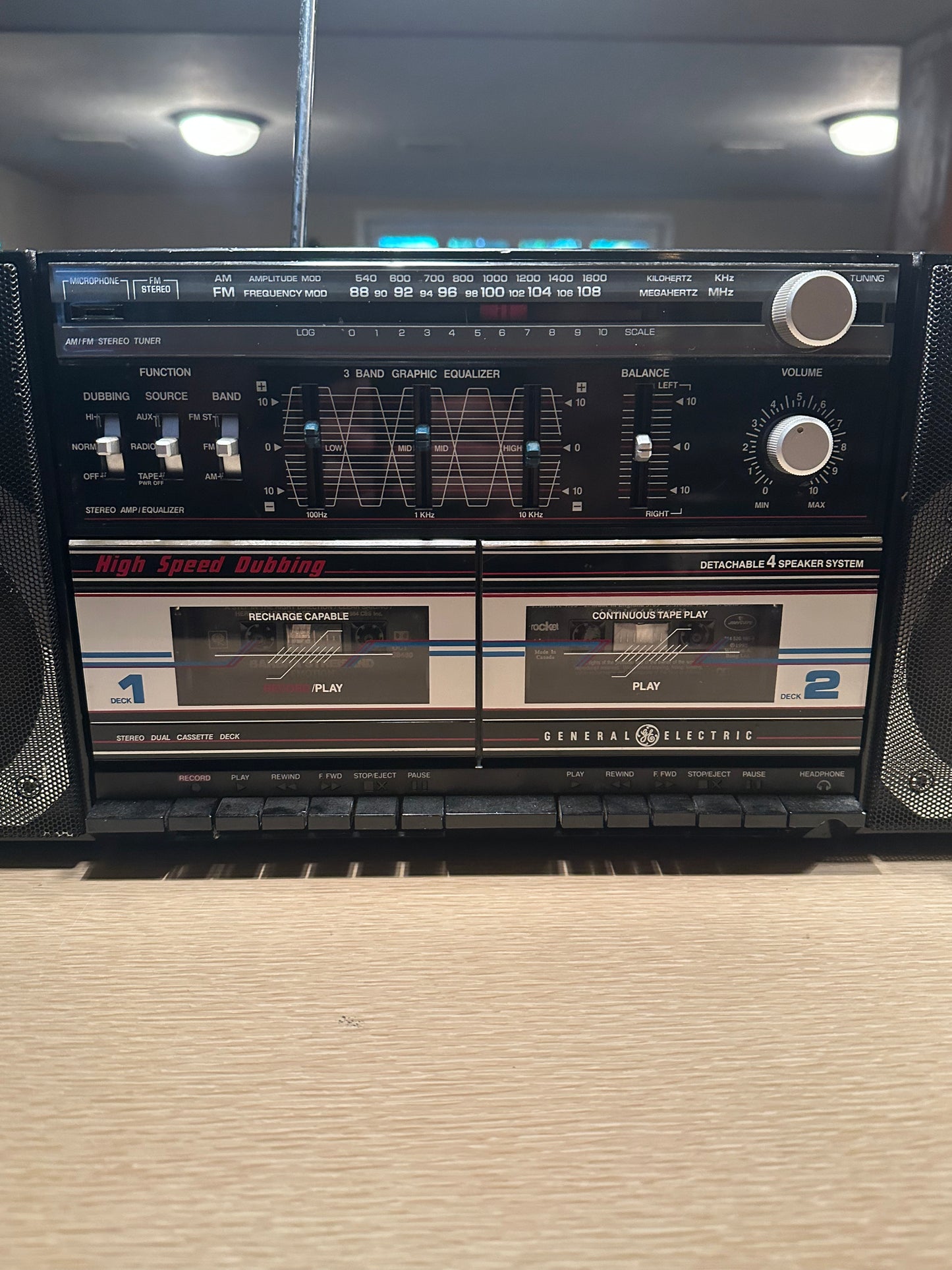 VTG RARE 1980s GE 3-5671A Dual Cassette Stereo Boombox AUX Detachable Speakers