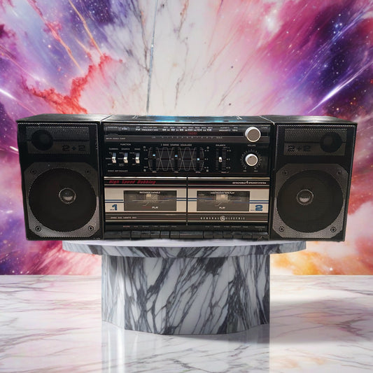 VTG RARE 1980s GE 3-5671A Dual Cassette Stereo Boombox AUX Detachable Speakers